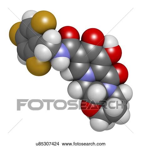 Picture - Bictegravir antiviral drug molecule. 3D rendering. Atoms are represented as spheres with conventional colour-coding: hydrogen (white), carbon (grey), nitrogen (blue), oxygen (red), fluorine (gold).. Fotosearch