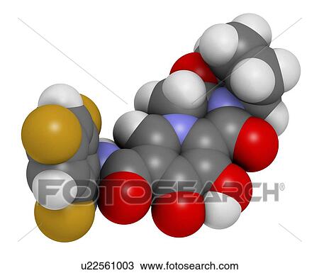 Stock Image - Bictegravir antiviral drug molecule. 3D rendering. Atoms are represented as spheres with conventional colour-coding: hydrogen (white), carbon (grey), nitrogen (blue), oxygen (red), fluorine (gold).. Fotosearch