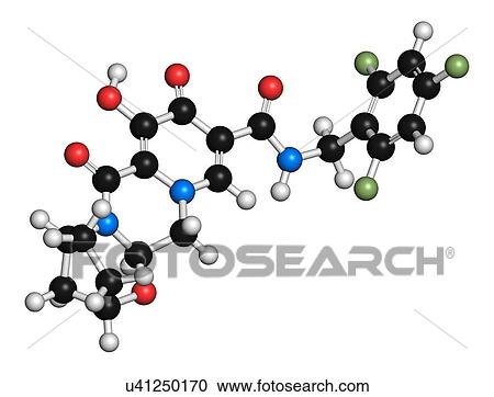 Stock Image - Bictegravir antiviral drug molecule. 3D rendering. Atoms are represented as spheres with conventional colour-coding: hydrogen (white), carbon (black), nitrogen (blue), oxygen (red), fluorine (light green).. Fotosearch