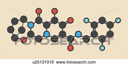 Stock Photo - Bictegravir antiviral drug molecule. Stylized skeletal formula (chemical structure): Atoms are shown as colour-coded circles: hydrogen (hidden), carbon (grey), nitrogen (blue), oxygen (red), fluorine (cyan).. Fotosearch
