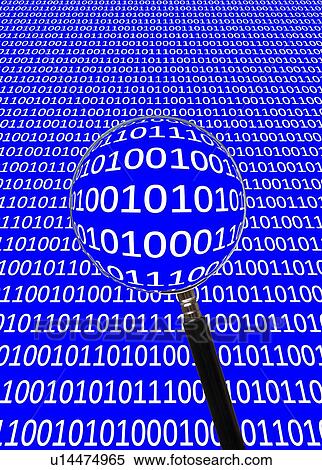 Stock Photography - Binary code and a magnifying glass, computer artwork.. Fotosearch