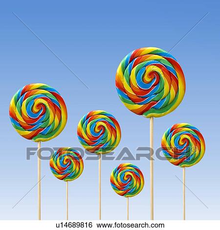 Stock Photograph - Bright coloured lollipops against a blue background.. Fotosearch