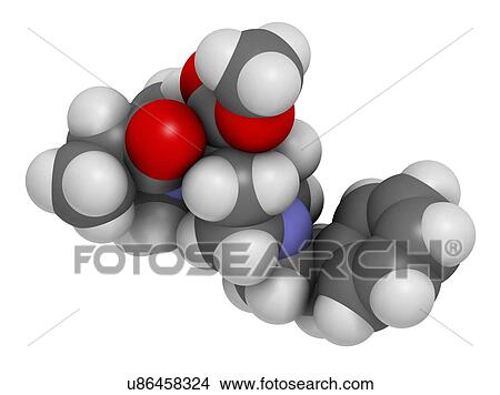 Picture - Carfentanil (carfentanyl) synthetic opioid drug molecule. 3D rendering. Atoms are represented as spheres with conventional colour-coding: hydrogen (white), carbon (grey), nitrogen (blue), oxygen (red).. Fotosearch