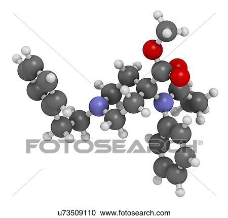 Stock Image - Carfentanil (carfentanyl) synthetic opioid drug molecule. 3D rendering. Atoms are represented as spheres with conventional colour-coding: hydrogen (white), carbon (grey), nitrogen (blue), oxygen (red).. Fotosearch