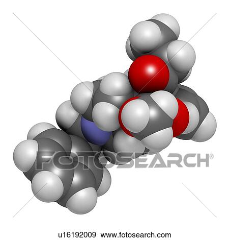 Stock Photo - Carfentanil (carfentanyl) synthetic opioid drug molecule. 3D rendering. Atoms are represented as spheres with conventional colour-coding: hydrogen (white), carbon (grey), nitrogen (blue), oxygen (red).. Fotosearch