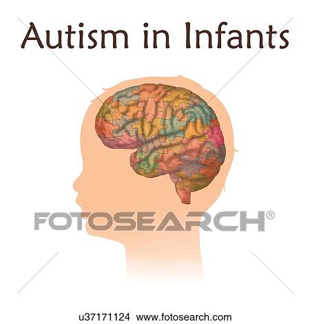 Picture - Childhood autism, illustration. Child's brain with puzzle colouring.. Fotosearch