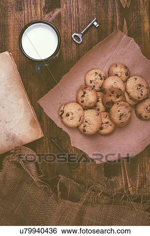 Stock Photograph - Chocolate chip cookies and milk.. Fotosearch