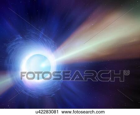 Stock Image - Computer illustration showing a new pulsar just a fraction of a second after it was formed from the merger of two neutron stars. A disc of material is seen around the star, a remnant from the merging process. Eventually it will clear. A jet is seen.... Fotosearch