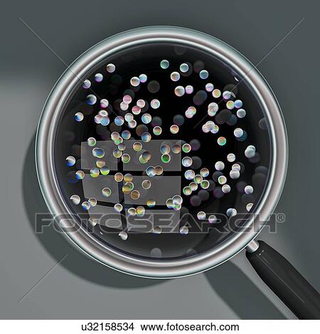Picture - Conceptual illustration of particles seen through a magnifying glass.. Fotosearch