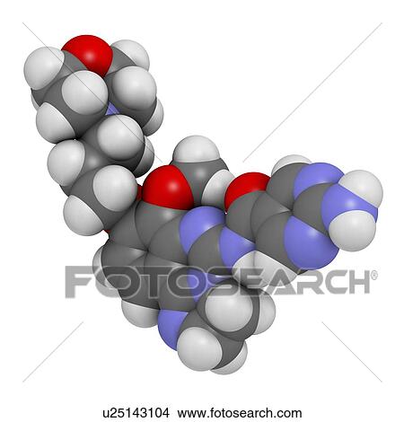 Copanlisib cancer drug molecule (PI3K inhibitor). 3D rendering. Atoms are represented as spheres with conventional colour-coding: hydrogen (white), carbon (grey), nitrogen (blue), oxygen (red). View Large Photo Image Picture - Copanlisib cancer drug molecule (PI3K inhibitor). 3D rendering. Atoms are represented as spheres with conventional colour-coding: hydrogen (white), carbon (grey), nitrogen (blue), oxygen (red).. Fotosearch