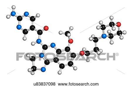 Stock Photo - Copanlisib cancer drug molecule (PI3K inhibitor). 3D rendering. Atoms are represented as spheres with conventional colour-coding: hydrogen (white), carbon (black), nitrogen (blue), oxygen (red).. Fotosearch