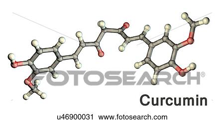 Stock Image - Curcumin, molecular model. Principal curcuminoid of the Indian spice turmeric. It is used as a food additive. Atoms are represented as spheres and are colour-coded: carbon (grey), hydrogen (white) and oxygen (red).. Fotosearch