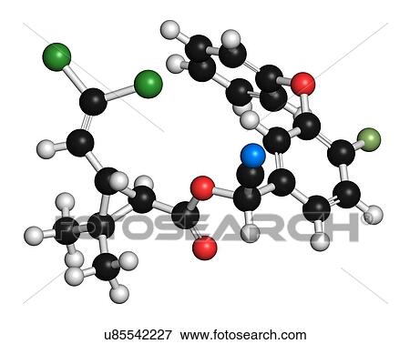 Stock Photo - Cyfluthrin insecticide molecule. 3D rendering. Atoms are represented as spheres with conventional colour-coding: hydrogen (white), carbon (black), oxygen (red), nitrogen (blue), chlorine (green), fluorine (light green).. Fotosearch