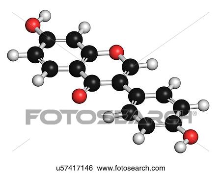 Stock Photograph - Daidzein isoflavone molecule. 3D rendering. Atoms are represented as spheres with conventional colour-coding: hydrogen (white), carbon (black), oxygen (red).. Fotosearch