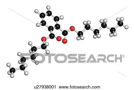 Stock Image - Di-n-hexyl phthalate (DNHP) plasticizer molecule. 3D rendering. Atoms are represented as spheres with conventional colour-coding: hydrogen (white), carbon (black), oxygen (red).. Fotosearch