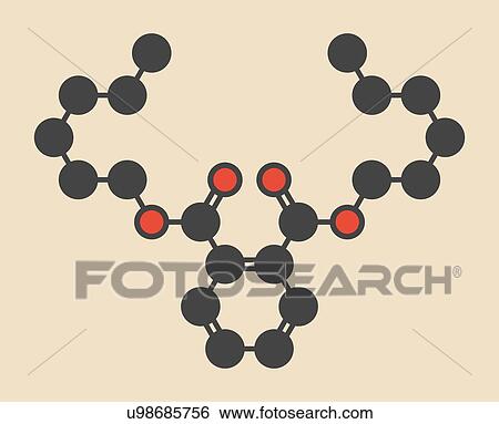 Stock Photograph - Di-n-hexyl phthalate (DNHP) plasticizer molecule. Stylized skeletal formula (chemical structure): Atoms are shown as colour-coded circles: hydrogen (hidden), carbon (grey), oxygen (red).. Fotosearch