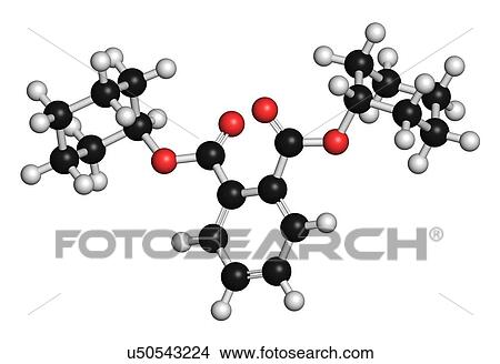 Picture - Dicyclohexyl phthalate (DCP) plasticizer molecule. 3D rendering. Atoms are represented as spheres with conventional colour-coding: hydrogen (white), carbon (black), oxygen (red).. Fotosearch
