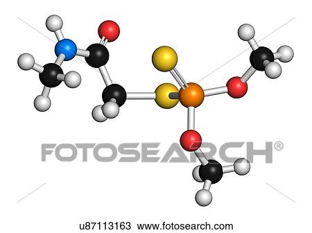 Stock Image - Dimethoate insecticide molecule. 3D rendering. Atoms are represented as spheres with conventional colour-coding: hydrogen (white), carbon (black), oxygen (red), nitrogen (blue), phosphorus (orange), sulfur (yellow).. Fotosearch