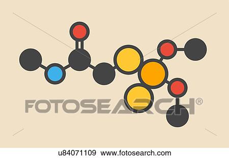 Stock Photo - Dimethoate insecticide molecule. Stylized skeletal formula (chemical structure): Atoms are shown as colour-coded circles: hydrogen (hidden), carbon (grey), oxygen (red), nitrogen (blue), phosphorus (orange), sulfur (yellow).. Fotosearch