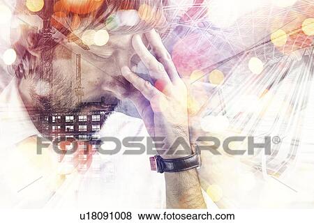 Stock Photo - Double exposure portrait of worried male architect, conceptual image.. Fotosearch