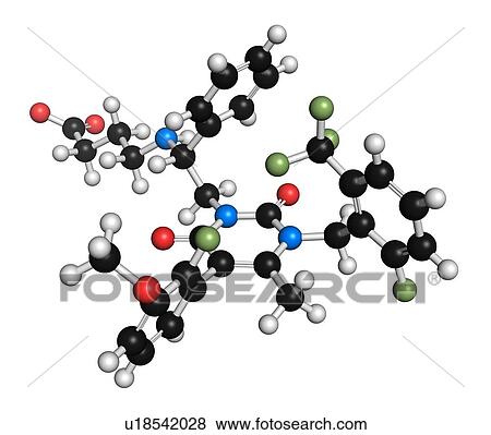 Stock Photo - Elagolix drug molecule (gonadotropin-releasing hormone receptor antagonist). 3D rendering. Atoms are represented as spheres with conventional colour-coding: hydrogen (white), carbon (black), nitrogen (blue), oxygen (red), fluorine (light green).. Fotosearch