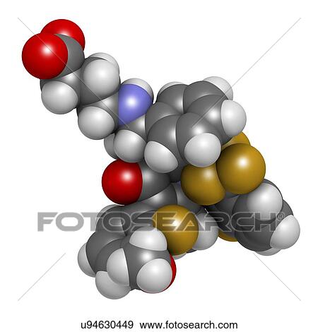 Stock Photo - Elagolix drug molecule (gonadotropin-releasing hormone receptor antagonist). 3D rendering. Atoms are represented as spheres with conventional colour-coding: hydrogen (white), carbon (grey), nitrogen (blue), oxygen (red), fluorine (gold).. Fotosearch