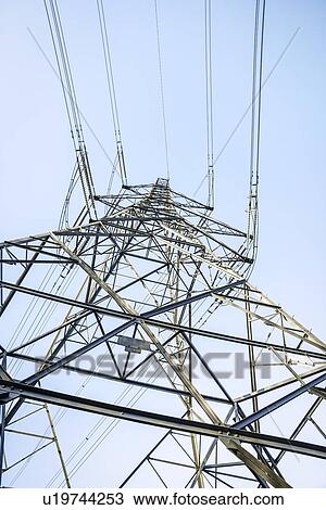 Stock Image - Electricity pylon and power lines. Photographed in North Wales, UK.. Fotosearch