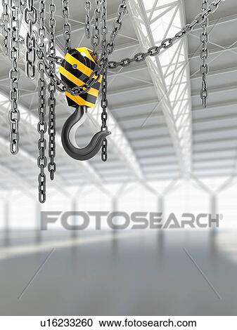 Empty warehouse interior with crane hook with chains, illustration. View Large Photo Image Stock Image - Empty warehouse interior with crane hook with chains, illustration.. Fotosearch