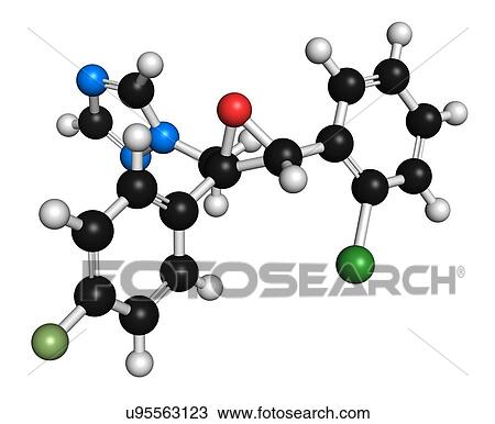 Stock Image - Epoxiconazole pesticide molecule. 3D rendering. Atoms are represented as spheres with conventional colour-coding: hydrogen (white), carbon (black), oxygen (red), nitrogen (blue), chlorine (green), fluorine (light green).. Fotosearch
