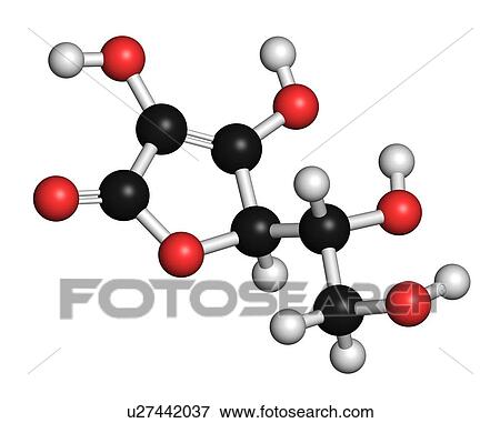 Stock Photo - Erythorbic acid food preservative molecule (antioxidant). 3D rendering. Atoms are represented as spheres with conventional colour-coding: hydrogen (white), carbon (black), oxygen (red).. Fotosearch