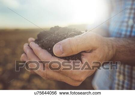 Stock Photograph - Farmer holding pile of soil.. Fotosearch