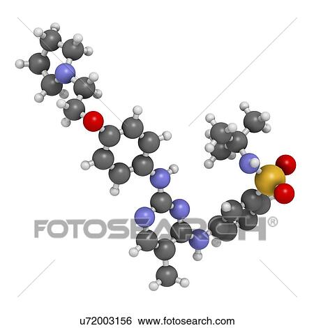 Stock Photograph - Fedratinib cancer drug molecule. 3D rendering. Atoms are represented as spheres with conventional colour-coding: hydrogen (white), carbon (grey), nitrogen (blue), oxygen (red), sulfur (yellow).. Fotosearch