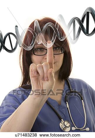Stock Photo - Female doctor touching virtual DNA (deoxyribonucleic acid) strand.. Fotosearch