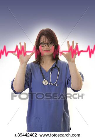 Female doctor touching virtual ECG. View Large Photo Image Stock Image - Female doctor touching virtual ECG.. Fotosearch