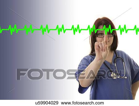 Female doctor touching virtual ECG. View Large Photo Image Stock Photo - Female doctor touching virtual ECG.. Fotosearch