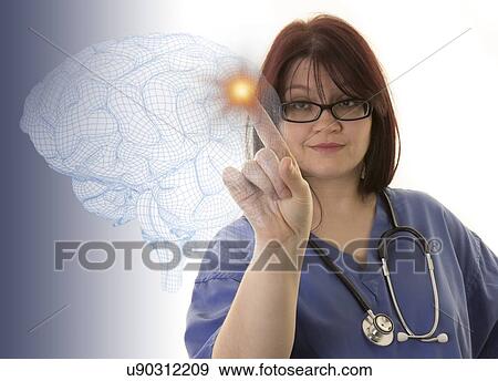 Stock Photo - Female doctor touching virtual human brain.. Fotosearch