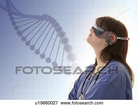 Female doctor wearing virtual reality headset and examining DNA (deoxyribonucleic acid) strand. View Large Photo Image Stock Photo - Female doctor wearing virtual reality headset and examining DNA (deoxyribonucleic acid) strand.. Fotosearch