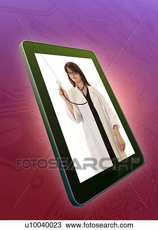 Female doctor with stethoscope on digital tablet screen. View Large Photo Image Stock Image - Female doctor with stethoscope on digital tablet screen.. Fotosearch