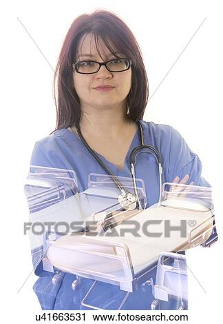 Stock Image - Female doctor with virtual hospital beds.. Fotosearch