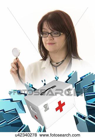 Stock Photo - Female doctor with virtual hospital files.. Fotosearch