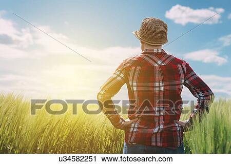 Female farmer looking at the sun on the horizon. View Large Photo Image Stock Image - Female farmer looking at the sun on the horizon.. Fotosearch