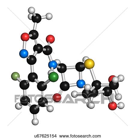Flucloxacillin (floxacillin) antibiotic drug molecule. 3D rendering. Atoms are represented as spheres with conventional colour-coding: hydrogen (white), carbon (black), nitrogen (blue), oxygen (red), chlorine (green), sulfur (yellow), fluorine (light... View Large Photo Image Picture - Flucloxacillin (floxacillin) antibiotic drug molecule. 3D rendering. Atoms are represented as spheres with conventional colour-coding: hydrogen (white), carbon (black), nitrogen (blue), oxygen (red), chlorine (green), sulfur (yellow), fluorine (light.... Fotosearch