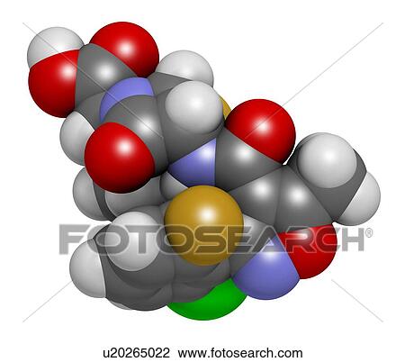 Stock Image - Flucloxacillin (floxacillin) antibiotic drug molecule. 3D rendering. Atoms are represented as spheres with conventional colour-coding: hydrogen (white), carbon (grey), nitrogen (blue), oxygen (red), chlorine (green), sulfur (yellow), fluorine (gold).. Fotosearch