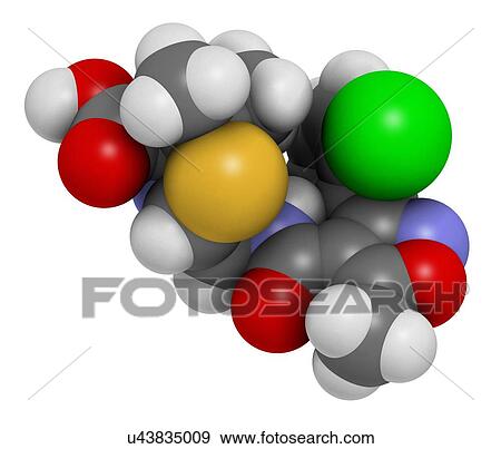 Stock Photo - Flucloxacillin (floxacillin) antibiotic drug molecule. 3D rendering. Atoms are represented as spheres with conventional colour-coding: hydrogen (white), carbon (grey), nitrogen (blue), oxygen (red), chlorine (green), sulfur (yellow), fluorine (gold).. Fotosearch