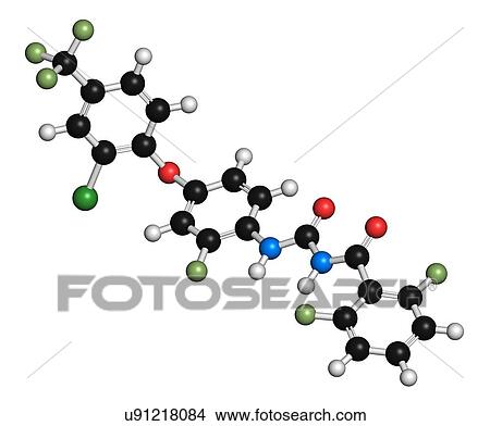 Picture - Flufenoxuron insecticide molecule. 3D rendering. Atoms are represented as spheres with conventional colour-coding: hydrogen (white), carbon (black), oxygen (red), nitrogen (blue), chlorine (green), fluorine (light green).. Fotosearch