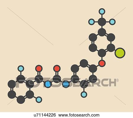 Stock Photograph - Flufenoxuron insecticide molecule. Stylized skeletal formula (chemical structure): Atoms are shown as colour-coded circles: hydrogen (hidden), carbon (grey), oxygen (red), nitrogen (blue), chlorine (green), fluorine (cyan).. Fotosearch