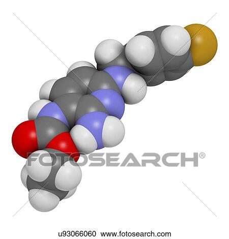 Stock Image - Flupirtine analgesic drug molecule. 3D rendering. Atoms are represented as spheres with conventional colour-coding: hydrogen (white), carbon (grey), nitrogen (blue), oxygen (red), fluorine (gold).. Fotosearch