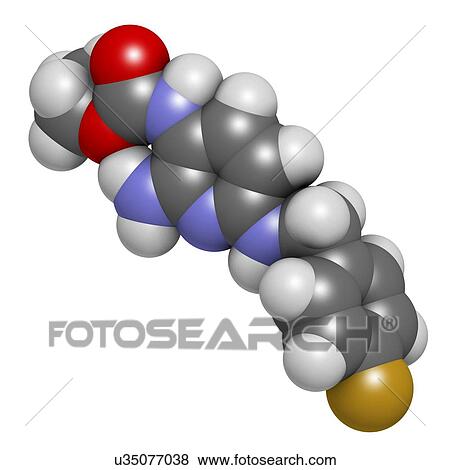 Stock Photo - Flupirtine analgesic drug molecule. 3D rendering. Atoms are represented as spheres with conventional colour-coding: hydrogen (white), carbon (grey), nitrogen (blue), oxygen (red), fluorine (gold).. Fotosearch