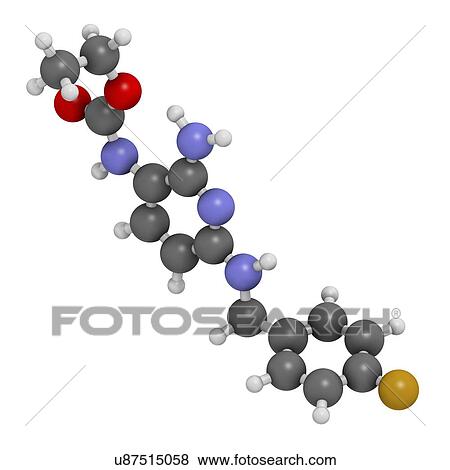 Stock Photo - Flupirtine analgesic drug molecule. 3D rendering. Atoms are represented as spheres with conventional colour-coding: hydrogen (white), carbon (grey), nitrogen (blue), oxygen (red), fluorine (gold).. Fotosearch