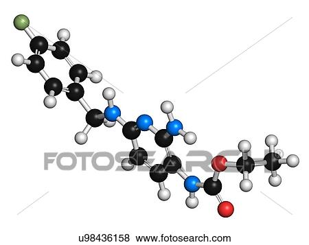 Stock Photo - Flupirtine analgesic drug molecule. 3D rendering. Atoms are represented as spheres with conventional colour-coding: hydrogen (white), carbon (black), nitrogen (blue), oxygen (red), fluorine (light green).. Fotosearch